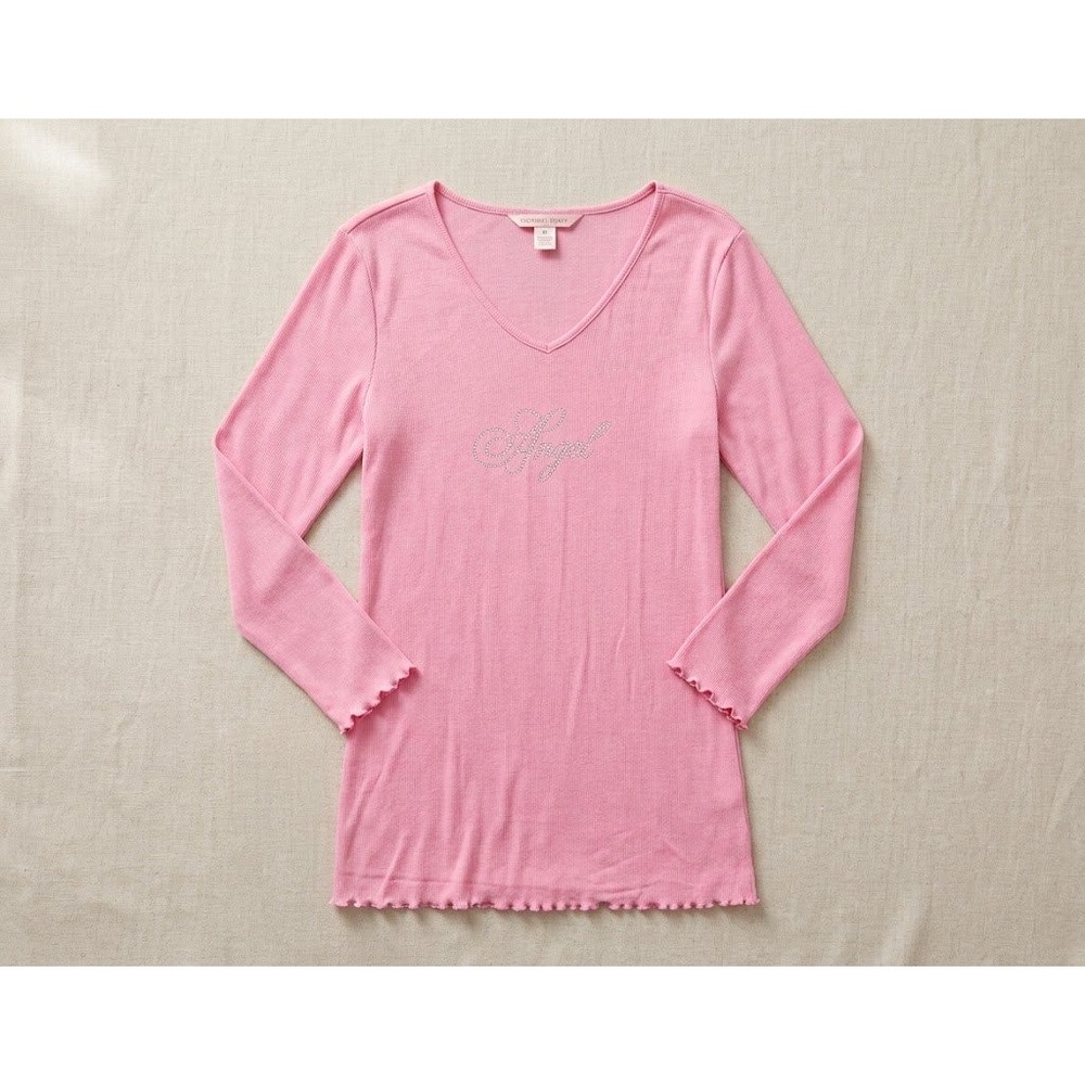 Victoria's Secret Angel Sleep Shirt Womens M Pink Rhinestone Lettuce Edge Y2K